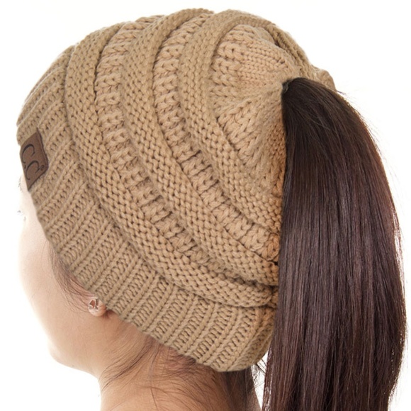 Accessories - CC Ponytail Beanie Hat Messy Bun Brown Camel